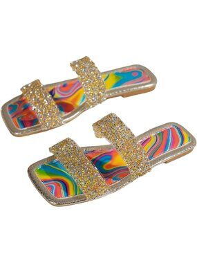 🆕Women's Gold Rhinestone Rainbow Flat Sandals Sparkly Bling Slides Glitter